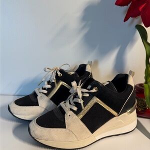 Michael Kors Womens Sneakers Size 7 Black Beige Gold Trainer Fashion Shoes